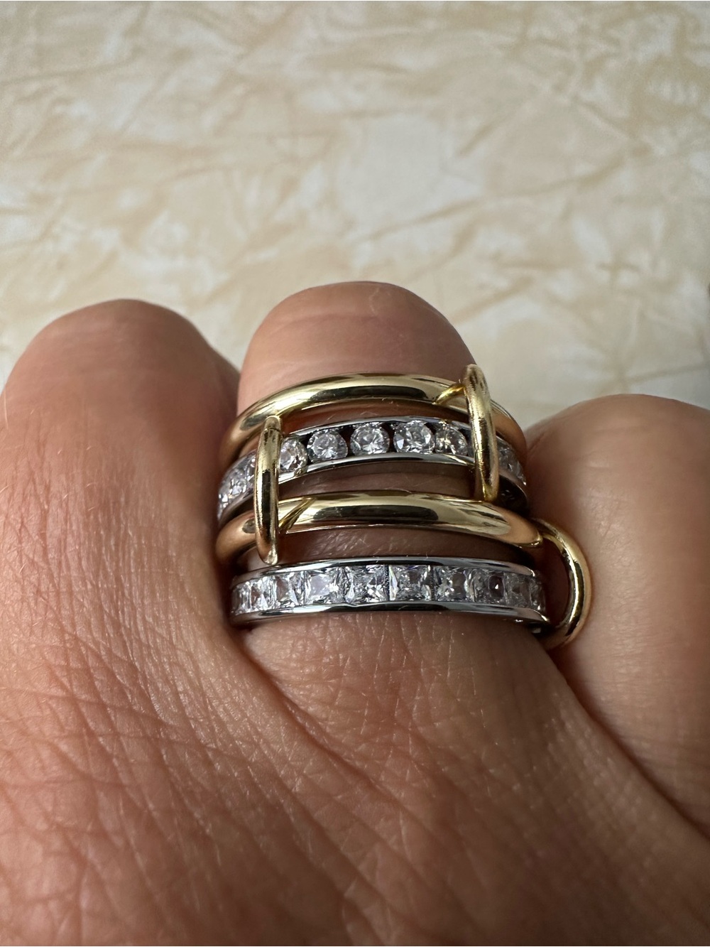 Gold and Silver CZ Stackable Ring with Round and Princess Cut Stones